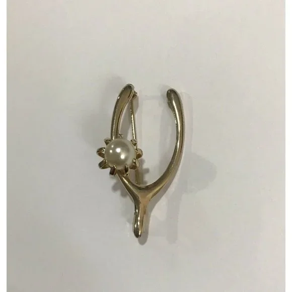 VINTAGE WISHBONE BROOCH GOOD LUCK SYMBOL GOLD TONE METAL PIN FAUX PEARL - Picture 4 of 7